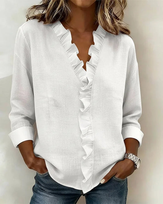 Irene | Blusa elegante con volantes, escote en V y mangas largas