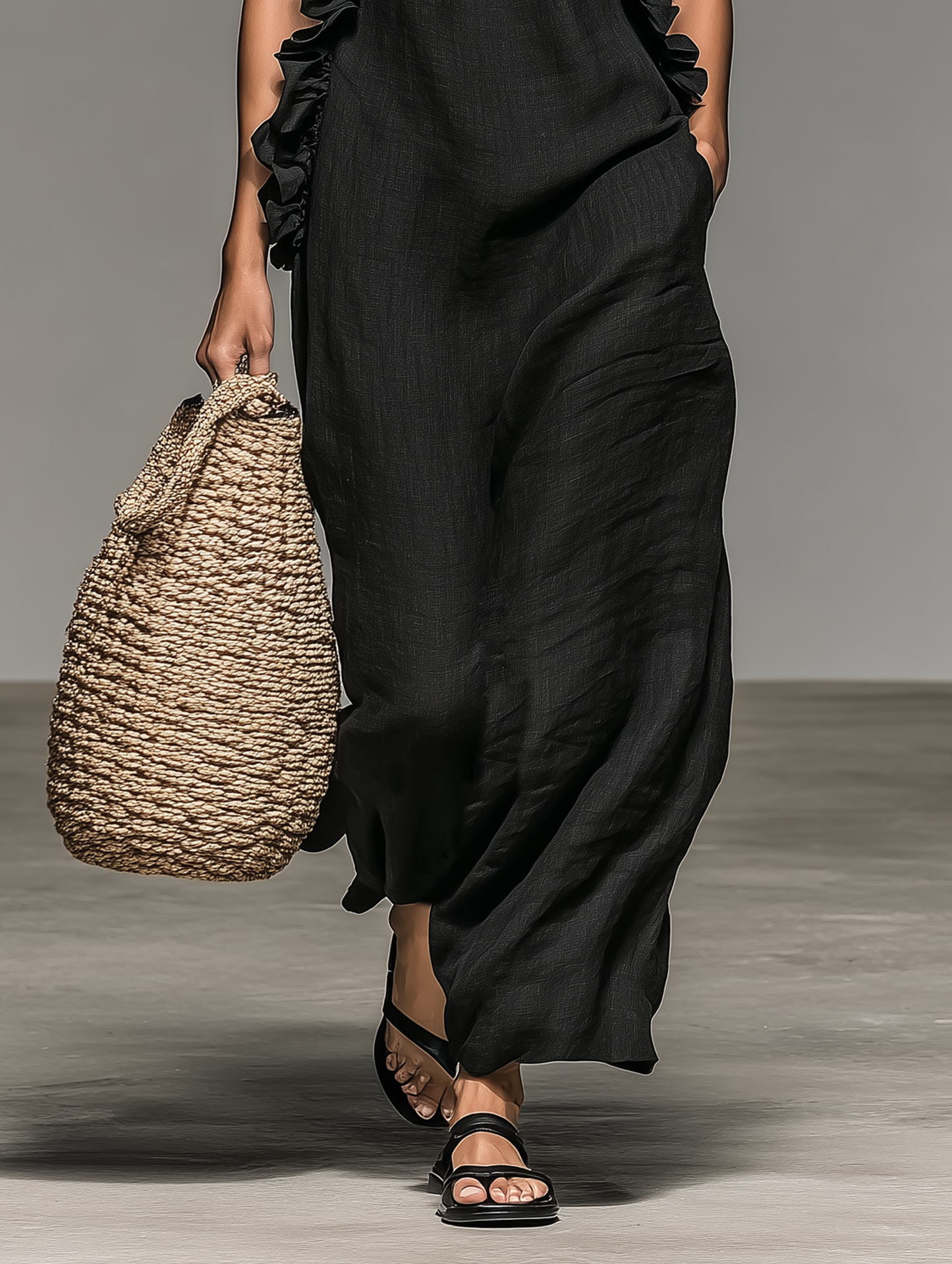 Valeria | Vestido largo minimalista de lino con volantes