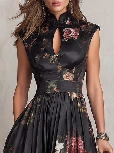 Estefanía | Vestido midi satinado negro con estampado floral