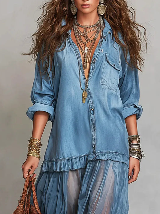 Jimena | Vestido maxi casual de arte patchwork en denim con solapa retro para mujer