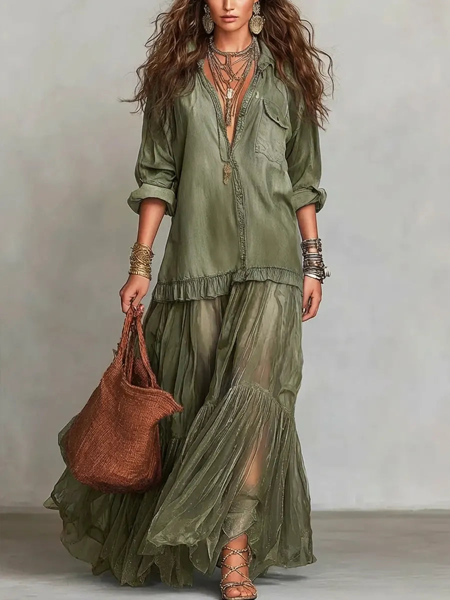 Jimena | Vestido maxi casual de arte patchwork en denim con solapa retro para mujer