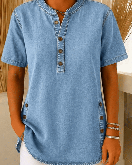 Marina | Blusa denim de algodón con escote en V