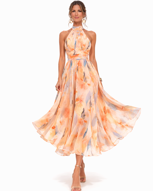 Dolores | Vestido largo fluido con cuello halter y estampado artístico