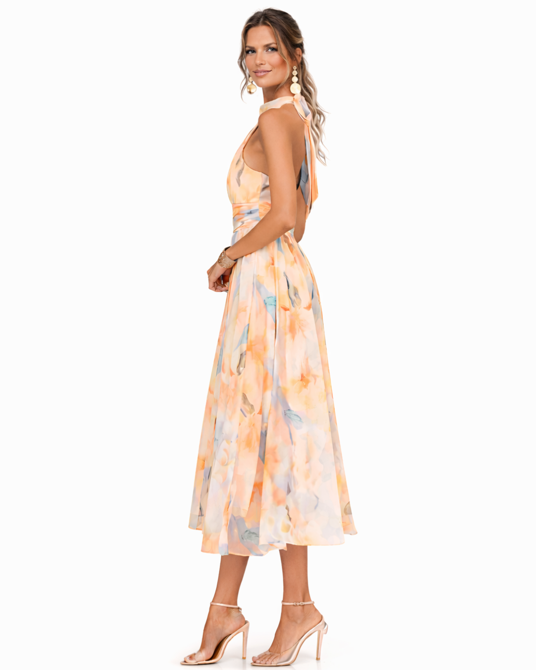 Dolores | Vestido largo fluido con cuello halter y estampado artístico