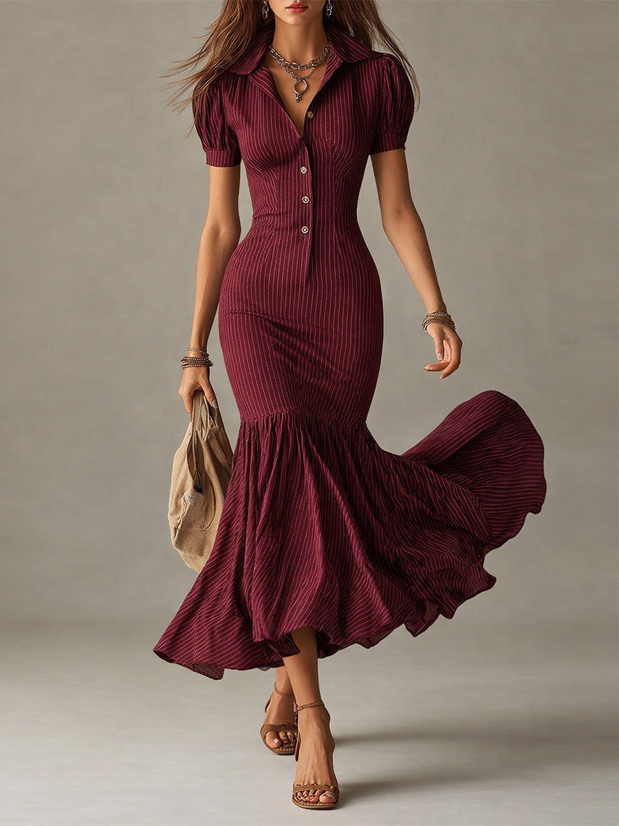 Soraya | Vestido largo entallado con rayas y bajo con vuelo