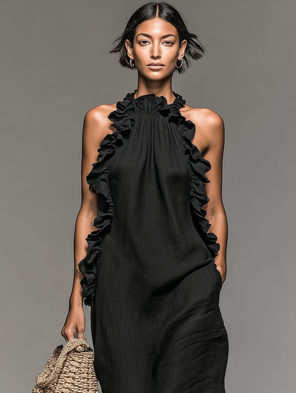 Valeria | Vestido largo minimalista de lino con volantes