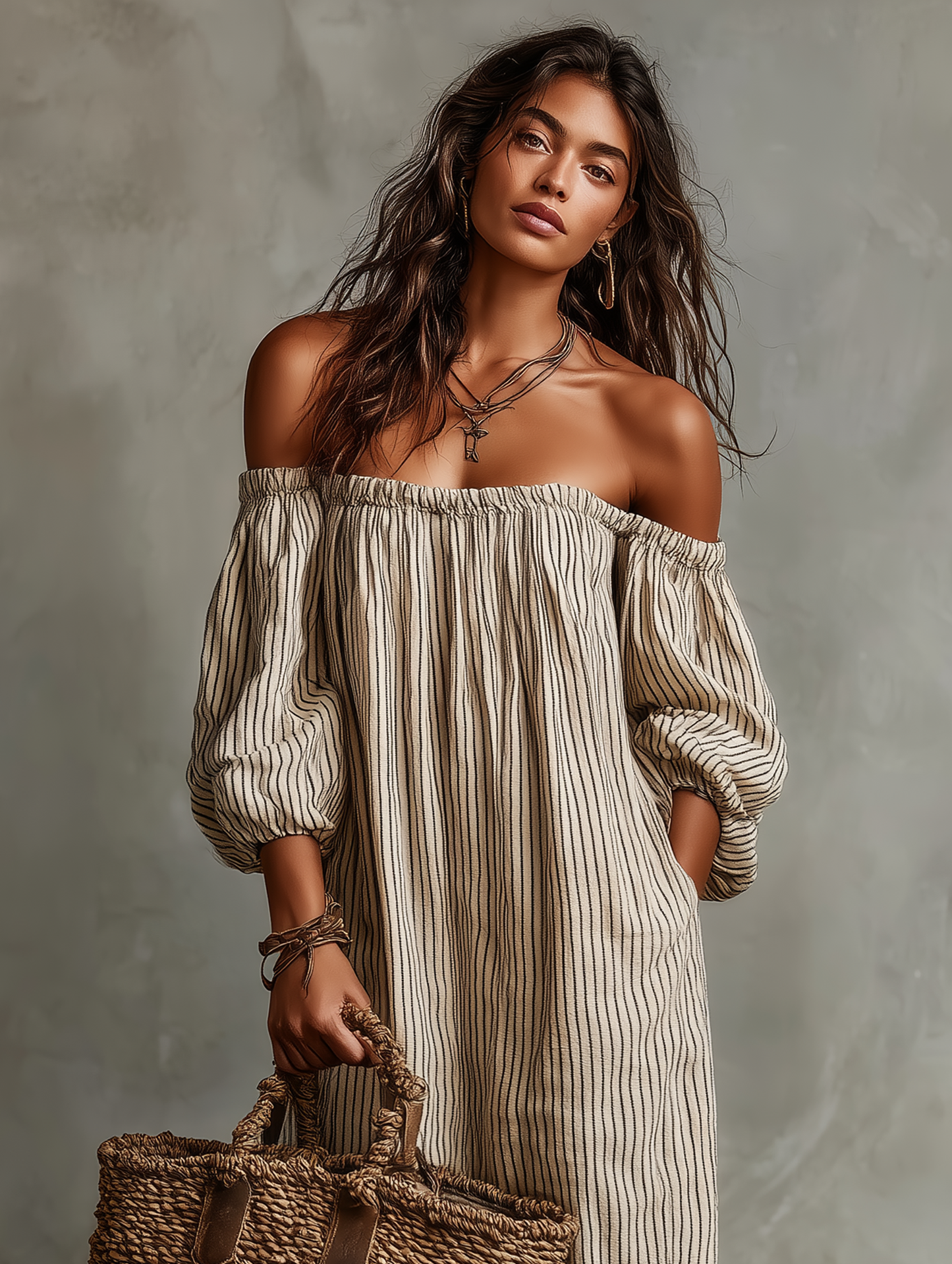 Carmen | Vestido largo de algodón y lino con hombros descubiertos