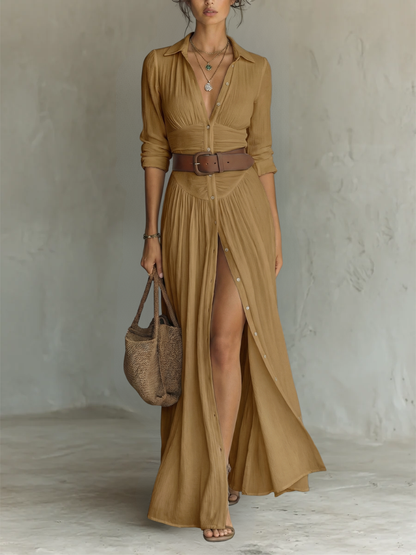 Elena | Vestido largo maxi para mujer con cuello de solapa y mangas largas en lino