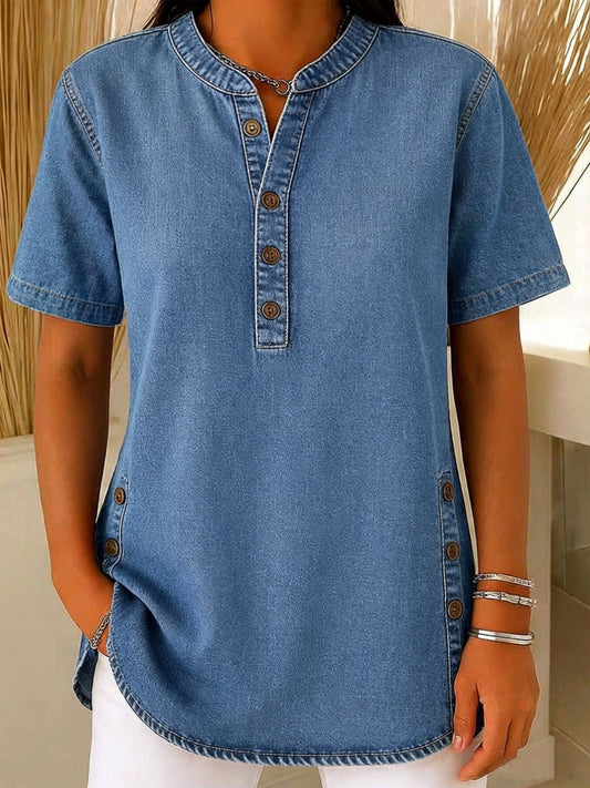 Marina | Blusa denim de algodón con escote en V
