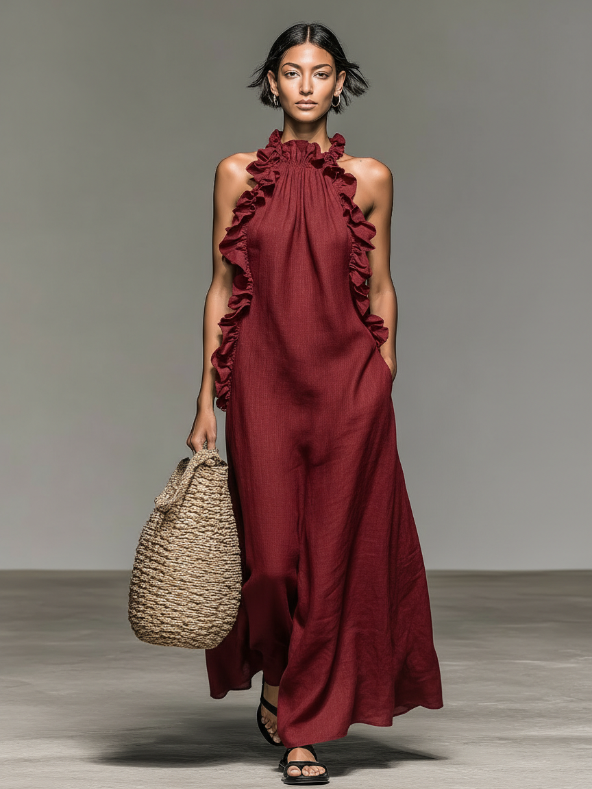 Valeria | Vestido largo minimalista de lino con volantes