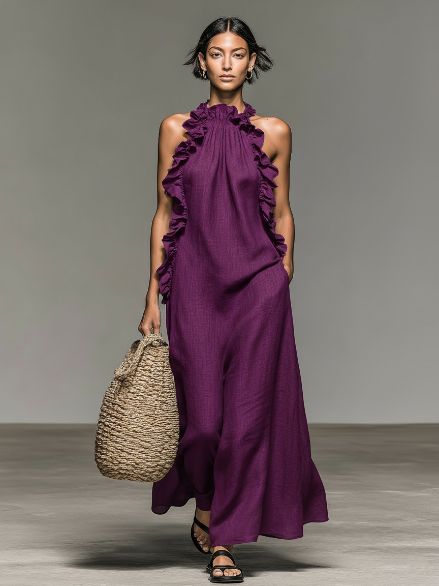 Valeria | Vestido largo minimalista de lino con volantes