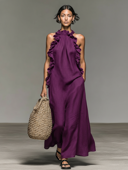 Valeria | Vestido largo minimalista de lino con volantes