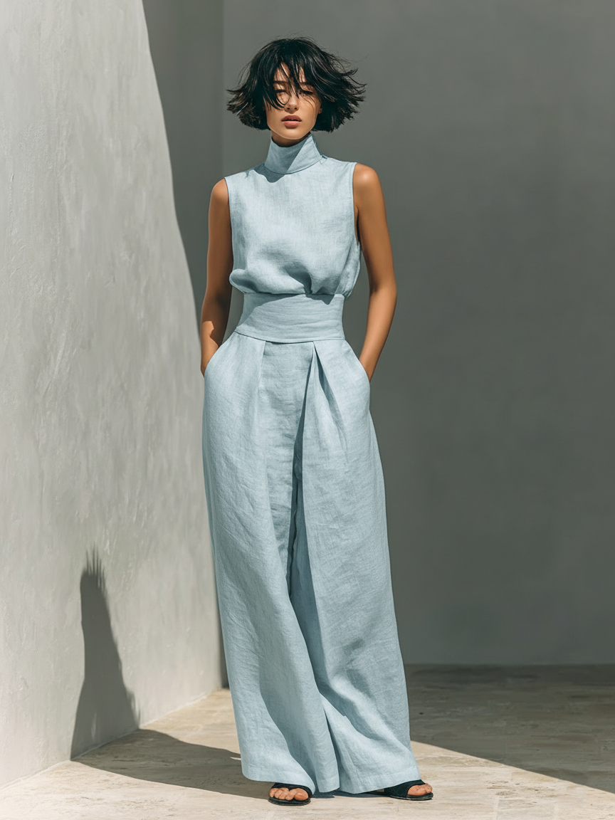 Inés | Conjunto minimalista de lino con top sin mangas y pantalón amplio