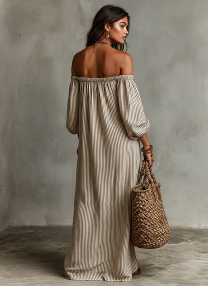 Carmen | Vestido largo de algodón y lino con hombros descubiertos