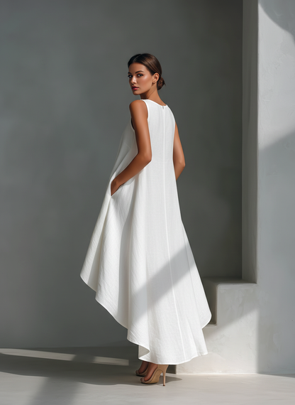 Elena | Vestido midi de lino blanco con corte asimétrico
