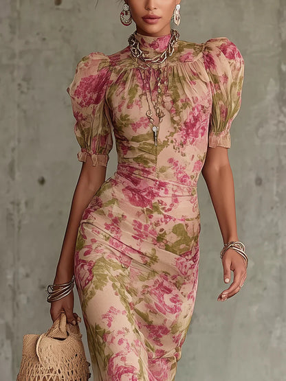 Lorena | Vestido largo romántico con estampado de rosas