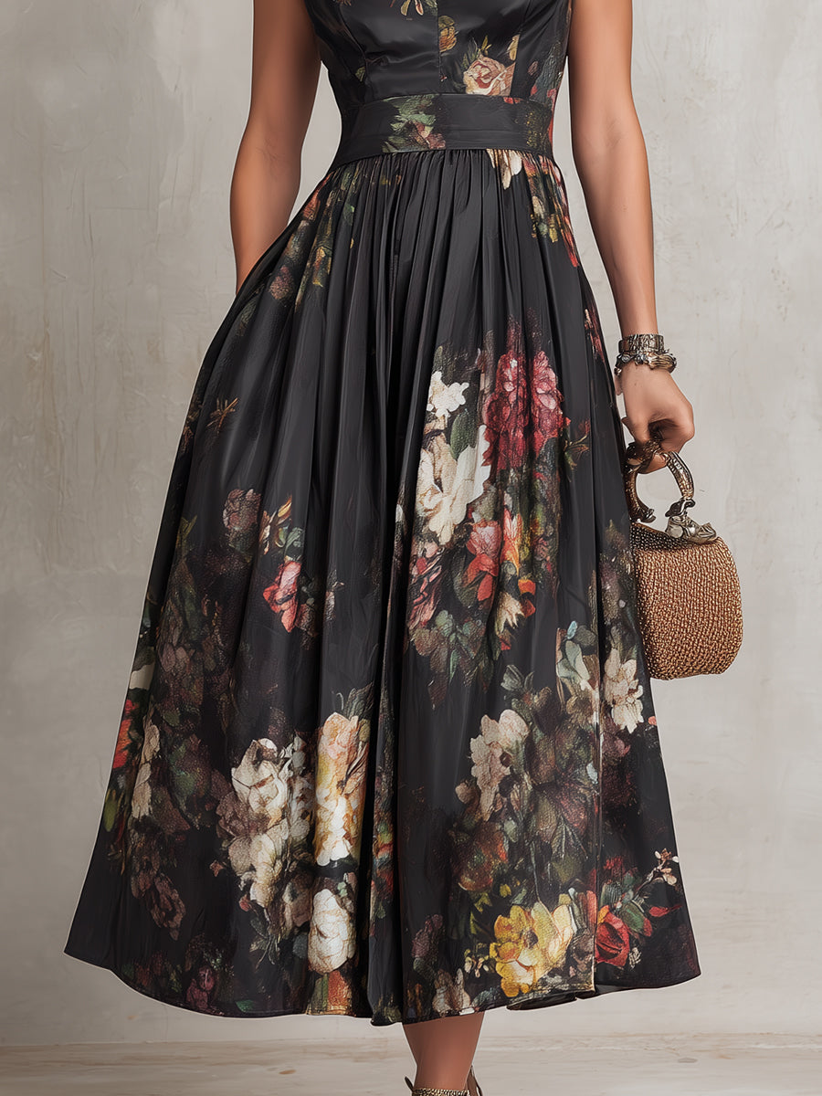 Estefanía | Vestido midi satinado negro con estampado floral