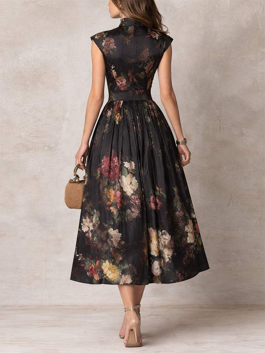 Estefanía | Vestido midi satinado negro con estampado floral