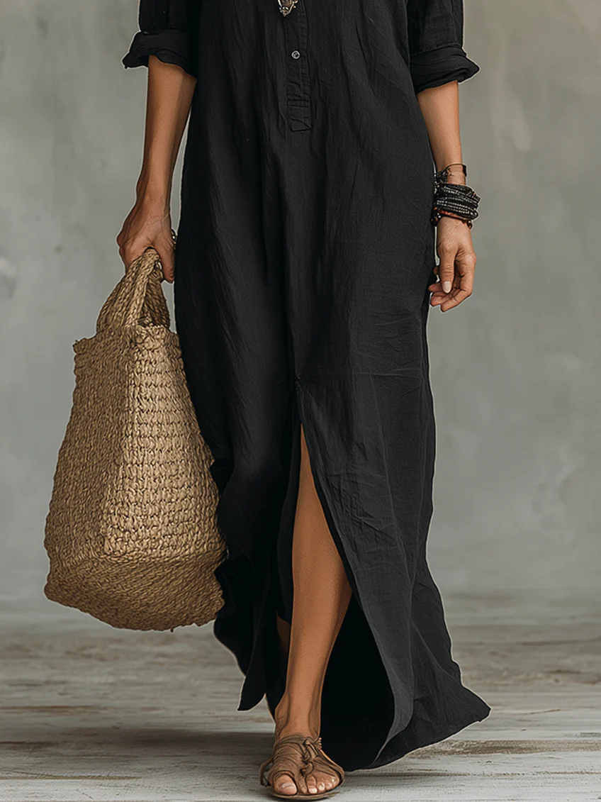 Valeria | Vestido maxi negro suelto con botones para mujer