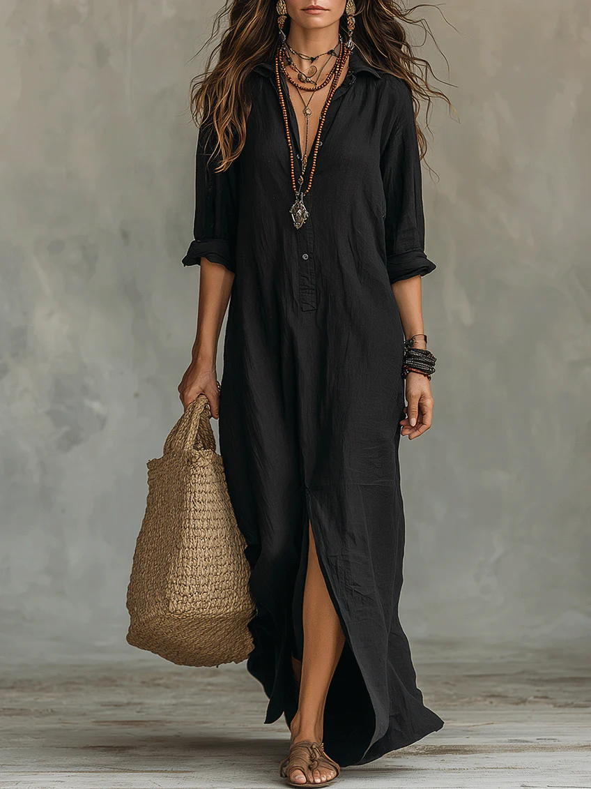 Valeria | Vestido maxi negro suelto con botones para mujer