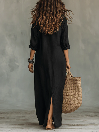 Valeria | Vestido maxi negro suelto con botones para mujer