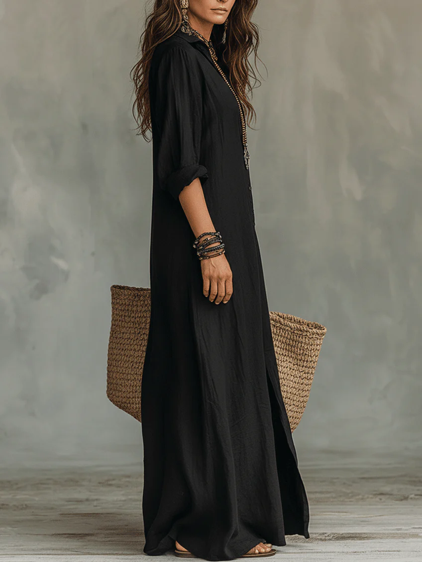 Valeria | Vestido maxi negro suelto con botones para mujer