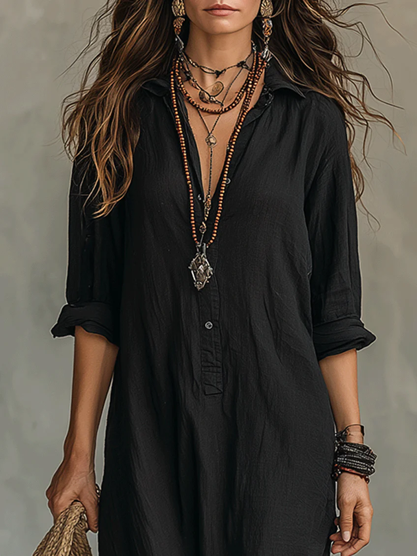 Valeria | Vestido maxi negro suelto con botones para mujer