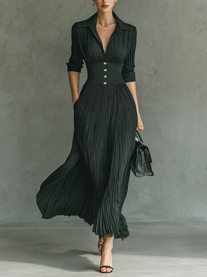 Elvira | Vestido largo plisado con solapa y cintura alta