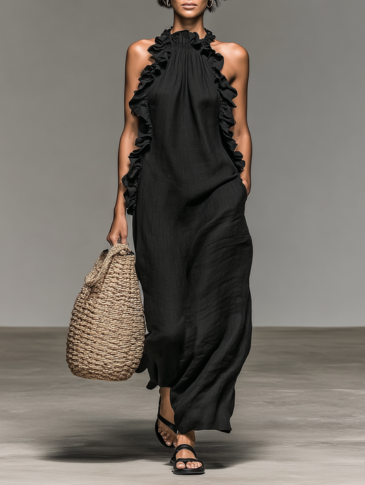 Valeria | Vestido largo minimalista de lino con volantes