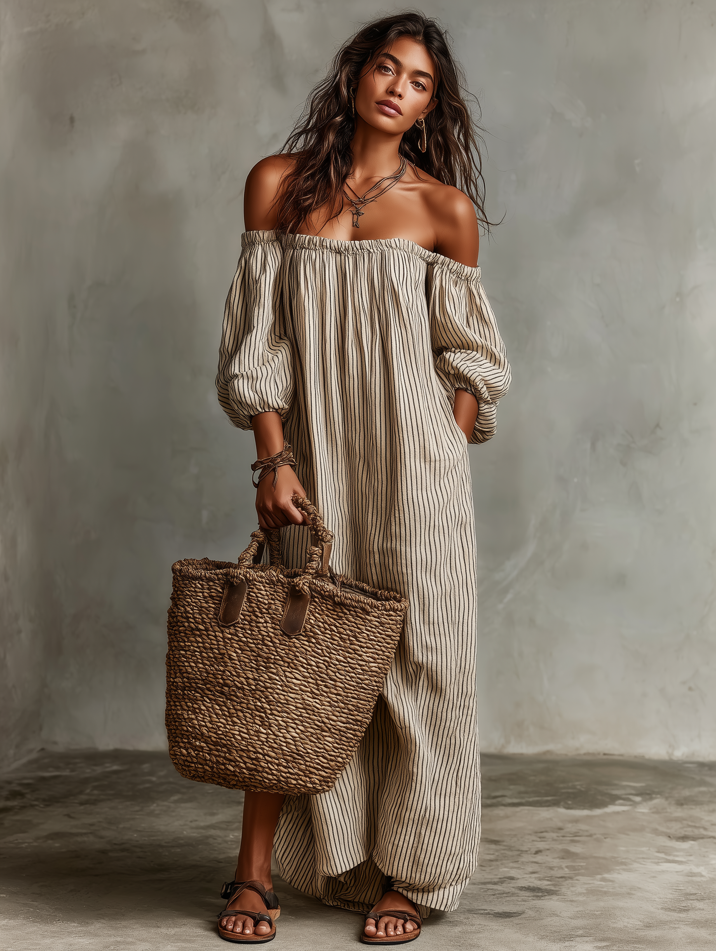 Carmen | Vestido largo de algodón y lino con hombros descubiertos