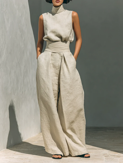 Aurora | Conjunto beige de dos piezas en algodón-lino con pantalón de pierna ancha