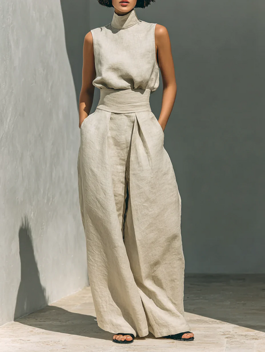 Aurora | Conjunto beige de dos piezas en algodón-lino con pantalón de pierna ancha