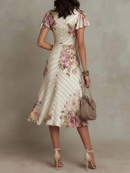 Alba | Vestido midi satinado floral elegante estilo retro