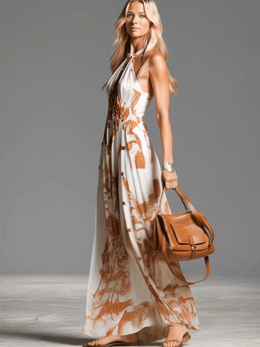 Bea | Vestido largo bohemio vintage con escote halter y abertura
