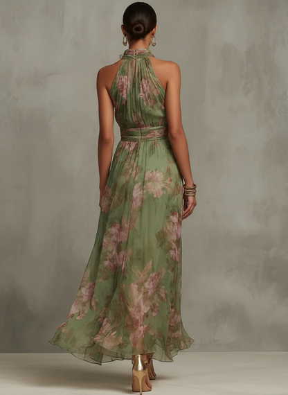 Marta | Vestido largo floral en chiffon con escote halter
