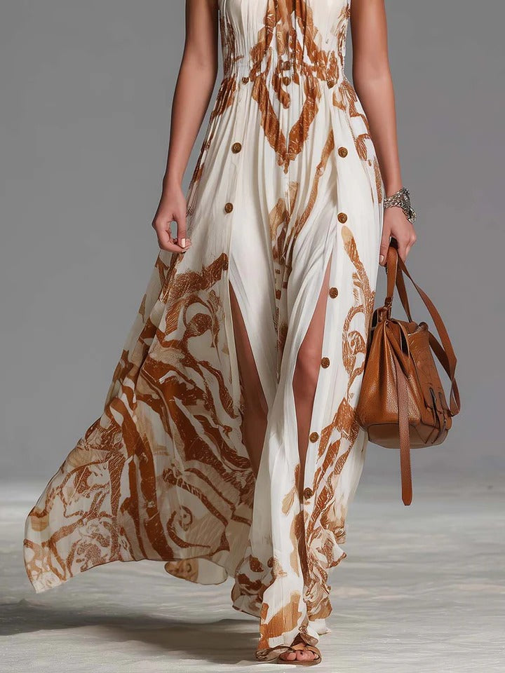 Bea | Vestido largo bohemio vintage con escote halter y abertura