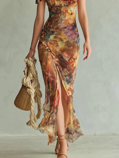 Marina | Vestido largo en chiffon naranja con estampado artístico estilo bohemio