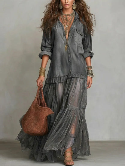 Jimena | Vestido maxi casual de arte patchwork en denim con solapa retro para mujer
