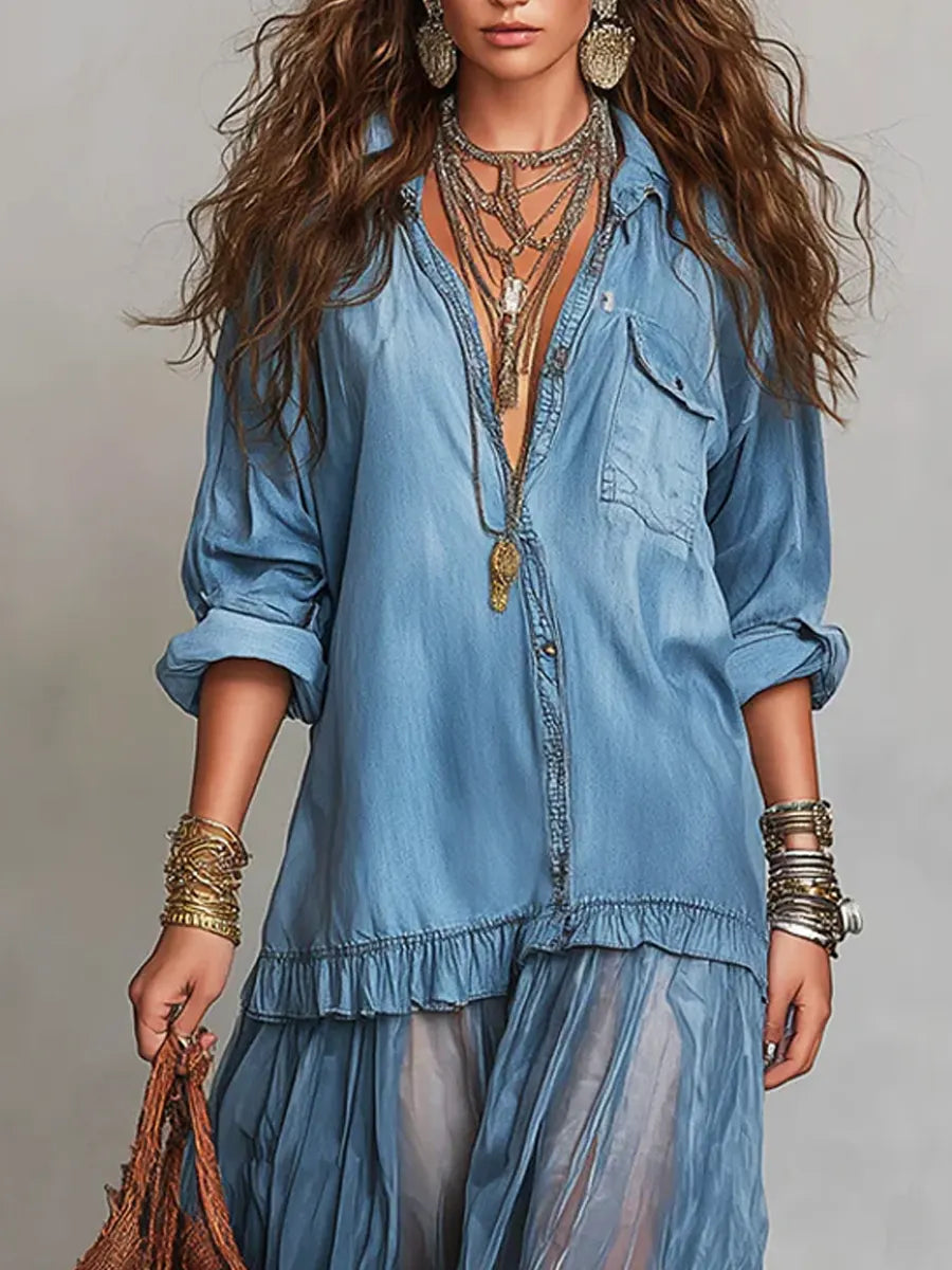 Jimena | Vestido maxi casual de arte patchwork en denim con solapa retro para mujer