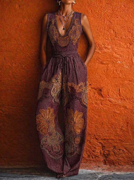 Marisa | Mono de pierna ancha de algodón y lino con rayas retro, sin mangas y cuello en V para mujer