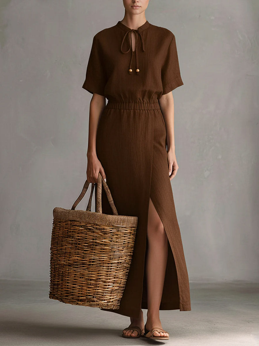 Lucía | Vestido casual de algodón y lino para mujer, de color liso, con cuello alto, manga corta y corte suelto