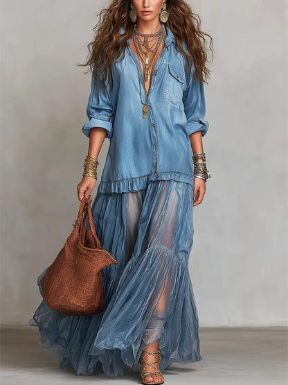 Jimena | Vestido maxi casual de arte patchwork en denim con solapa retro para mujer