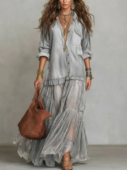 Jimena | Vestido maxi casual de arte patchwork en denim con solapa retro para mujer