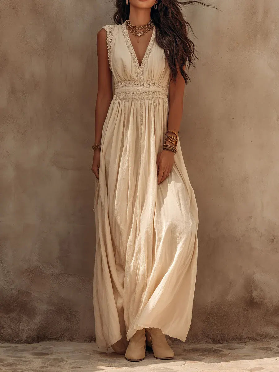 Sofía | Vestido maxi bohemio de estilo vacacional para mujer, sin mangas, con cuello en V