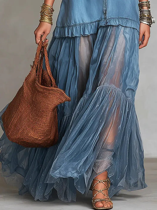 Jimena | Vestido maxi casual de arte patchwork en denim con solapa retro para mujer