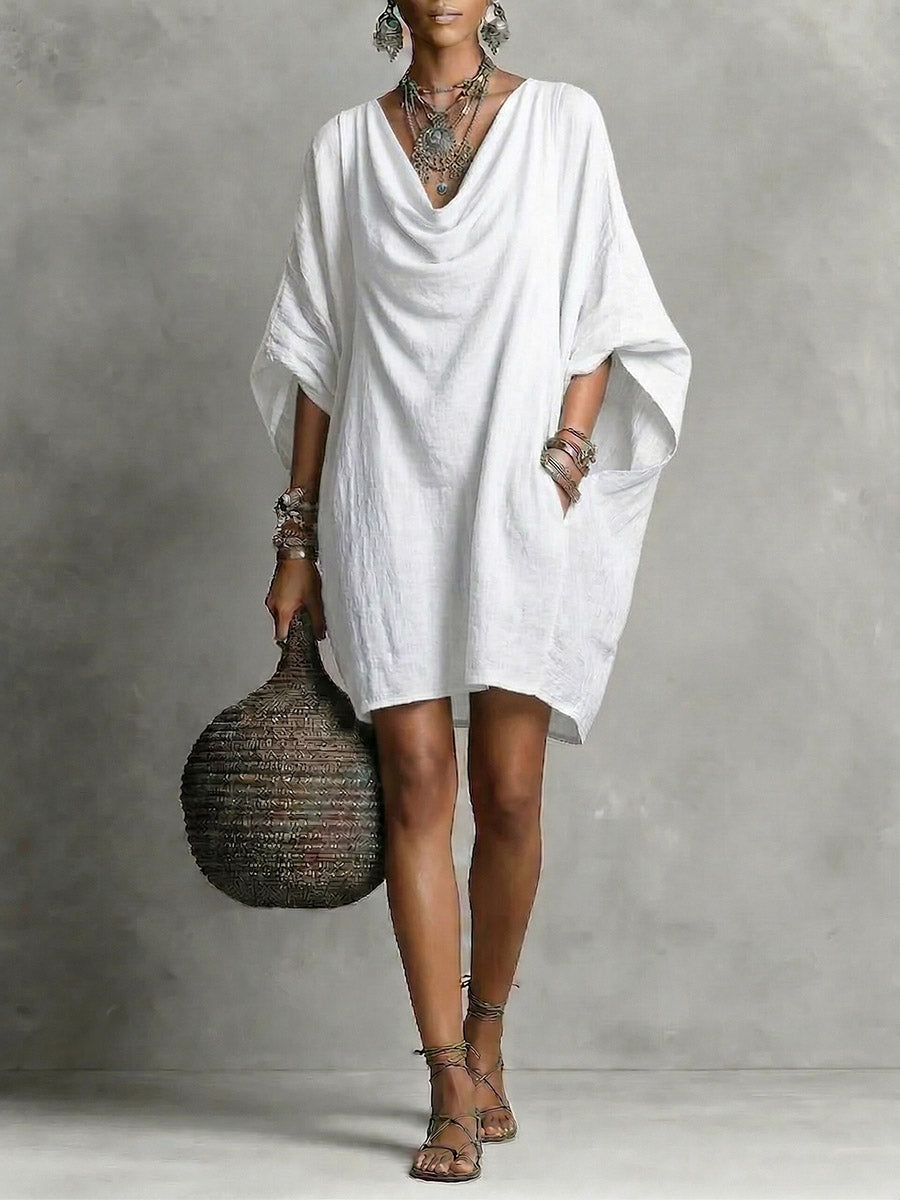Teresa | Vestido corto fluido de algodón con cuello caído y manga amplia
