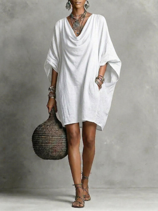 Teresa | Vestido corto fluido de algodón con cuello caído y manga amplia