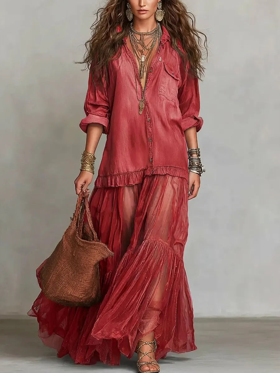 Jimena | Vestido maxi casual de arte patchwork en denim con solapa retro para mujer