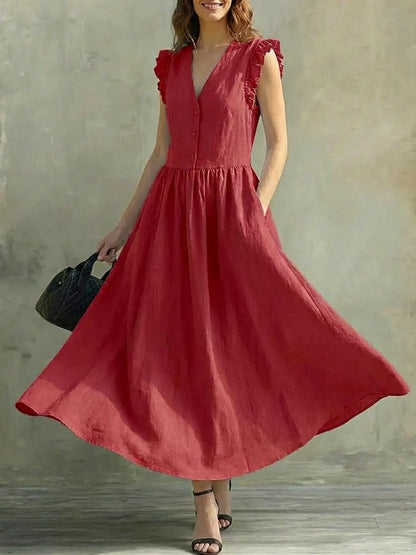 Selena | Vestido largo ligero con escote en V y detalle en hombros